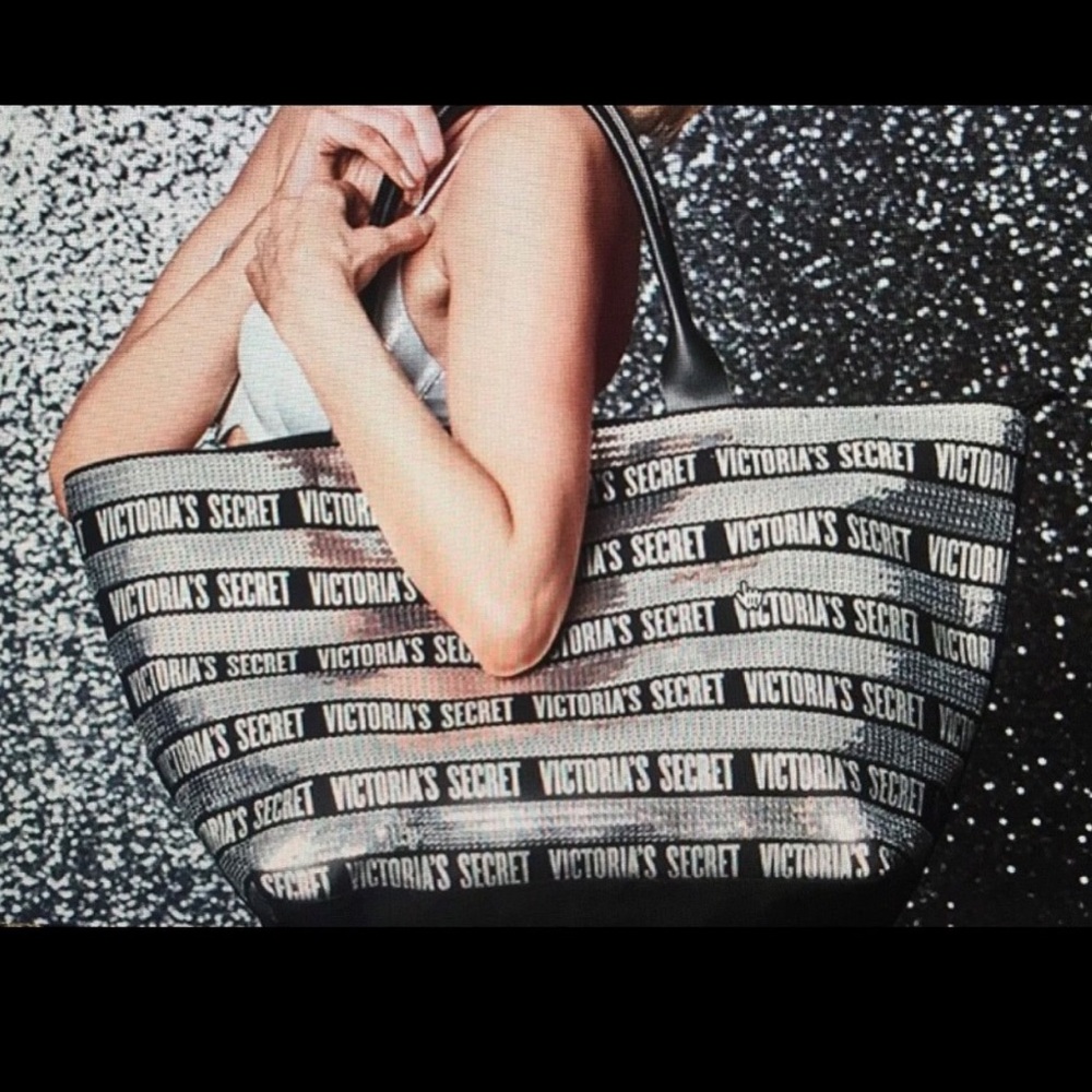 Victoria Secret Black bling sequin tote bag NWT